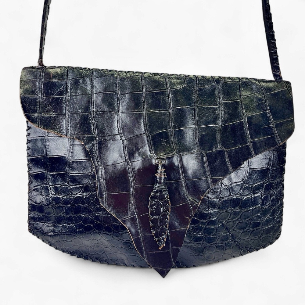 Alligator Black Leather Crossbody Bag Feather‎ Tassel Stitched Southwestern